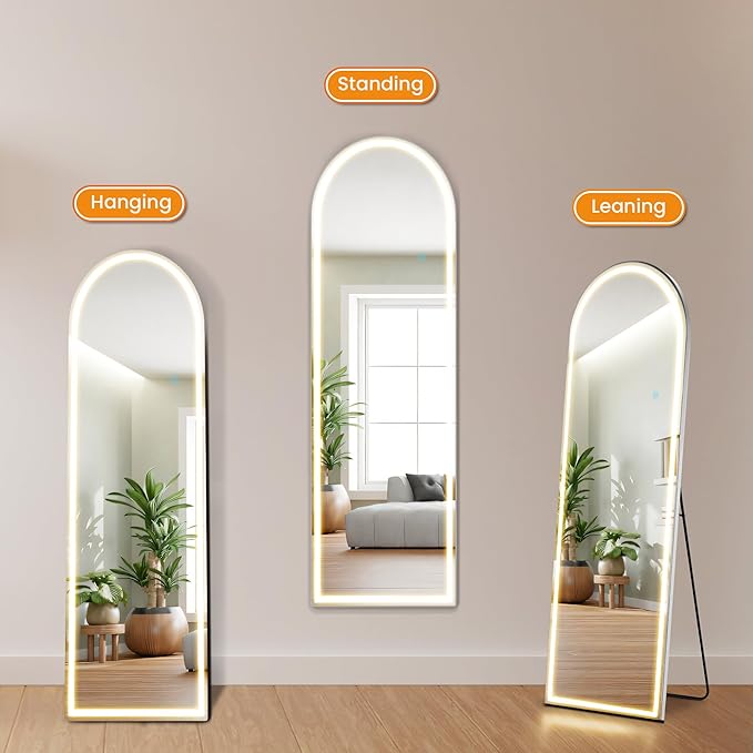 Arched Full Length Mirror with Stand 16"×60", Upgraded Full Body Mirrors with LED Light 3 Color Lighting, Floor Standing, Hanging or Leaning Modern Simple Home Wall Decor, White