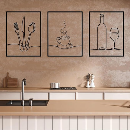 Otoolling 3 Pieces Metal Minimalist Line Kitchen Signs Wall Decor Drawing Rustic Kitchen Wall Art for Dining Living Room Home, 14 x 11 Inches(Dining Room,Black)