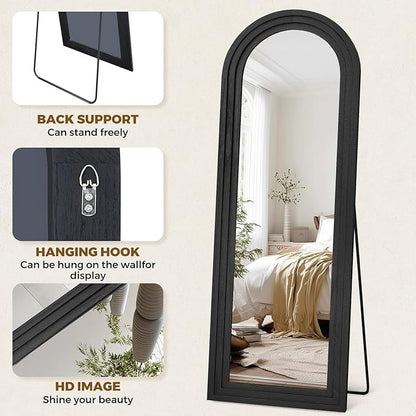 65"x22" Arched Floor Mirror, Solid Wood Full Length Mirror - Free Standing & Wall Mounted - Elegant Design for Bedroom, Dressing Room, Hallway, Black