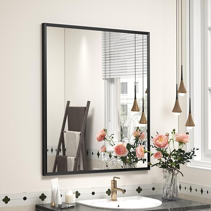 24" x 28" Matte Black Bathroom Mirror for Wall, Rectangular Beveled Vanity Mirror with Aluminum Alloy Frame, Right Angle Corner, HD Reflection, Horizontal or Vertical Mount