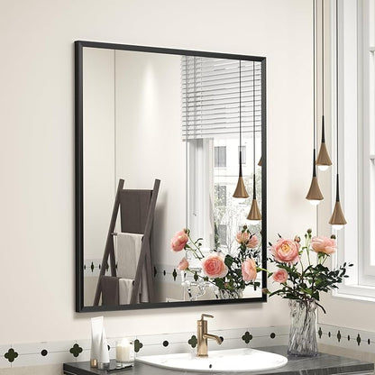 24" x 28" Matte Black Bathroom Mirror for Wall, Rectangular Beveled Vanity Mirror with Aluminum Alloy Frame, Right Angle Corner, HD Reflection, Horizontal or Vertical Mount
