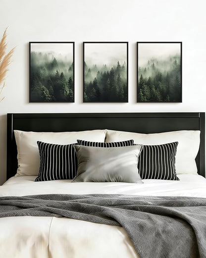 PHOPAGO Green Fog Pine Tree Framed Wall Art Nature Misty Nordic Forests Artwork Morden Paints for Kitchen Hallway Decor - 11x14in Black Framed