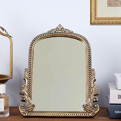 Antique Arched Mirror for Vanity with Resin Frame -Small Size (9.5 x 11.6 inch) Standing Mirror for Living Room, Bedroom, Tabletop-Vintage Gold