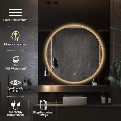 Niccy 32" LED Backlit Round Mirror for Bathroom, Gold Framed Vanity Light Wall Mirror, LED Smart Circle Mirrors with 3 Lighting Colors, Round Lighted Mirror with Anti-Fog, IP65 Waterproof