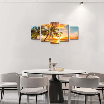 Golden Seascape Ocean Beach Wall Art Cozy Sea Artwork Modern Ocean Sunset Sea Beach Canvas Prints Pictures Paintings on Canvas Wall Art for Home Decor 5 Panels Gallery Wrapped Tropical Scenery