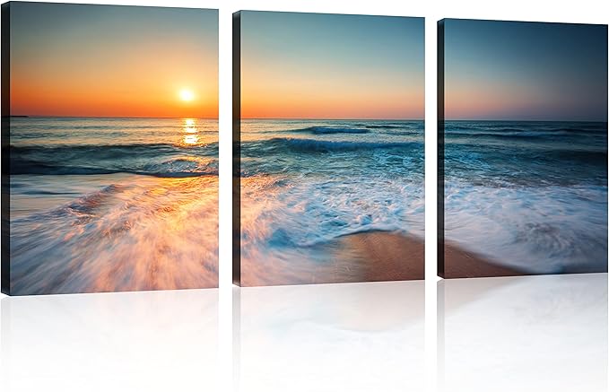 TutuBeer 3 Panels Beach Pictures Wall Art Blue Sea White Beach at Sunrise Pictures Print on Canvas Ocean Pictures Wall Decor Ocean Posters for Walls Stretched and Framed Easy to Hang 12" x 16" x 3
