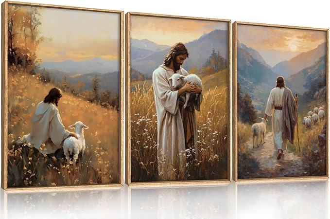 HOURIA Jesus Christ Easter Leaves The 99 Sheep Framed Canvas Wall Art Set,Christian Embraces The Lost Sheep Decor,Religious Bible Verse Resurrection Artwork for Church,Prayer Room,Home- 16"x24"x3