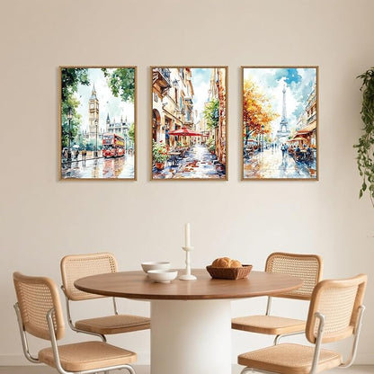 Watercolor European Cityscape Framed Canvas Wall Art Set,London Big Ben & Paris Eiffel Tower Street Scenery Wall Decor,Charming Landscape Artwork for Living Room, Bedroom,Office-24 x36 x3