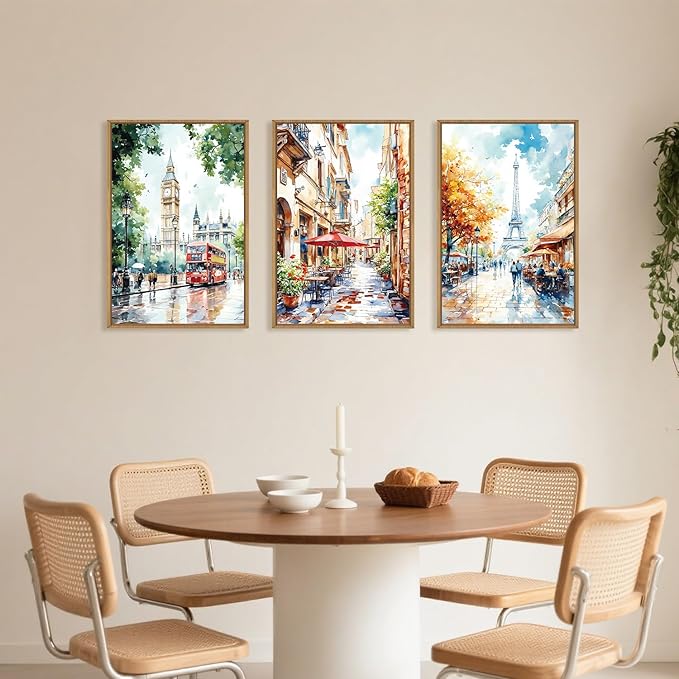 Watercolor European Cityscape Framed Canvas Wall Art Set,London Big Ben & Paris Eiffel Tower Street Scenery Wall Decor,Charming Landscape Artwork for Living Room, Bedroom,Office-16 x24 x3
