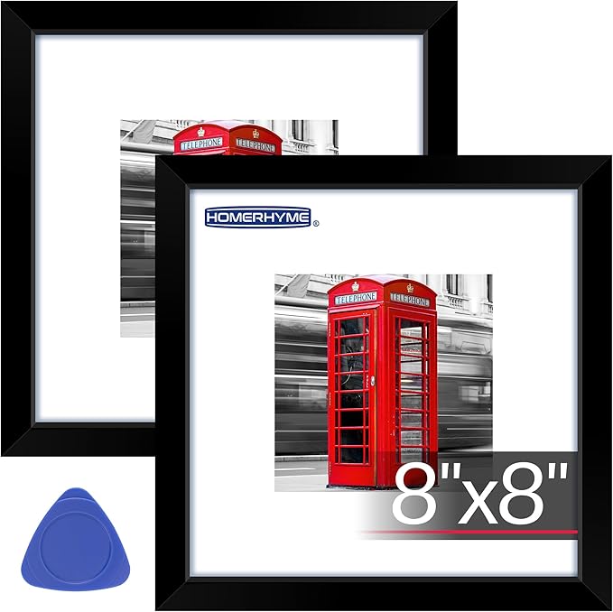8x8 Picture Frame, Black Photo Frame for Tabletop or Wall Display, Display Pictures 4x4 with Mat or 8x8 Without, Frame Collage with HD Plexiglass for Wall Gallery Decor, 2 Pack with Gadget