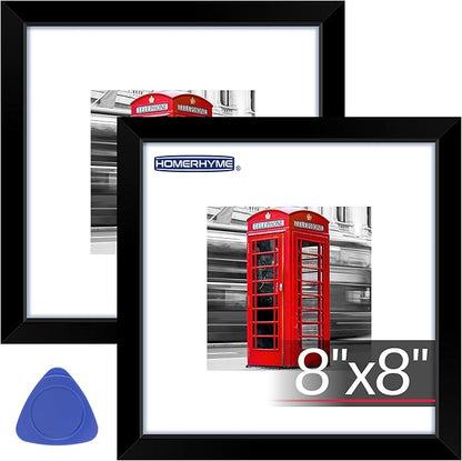 8x8 Picture Frame, Black Photo Frame for Tabletop or Wall Display, Display Pictures 4x4 with Mat or 8x8 Without, Frame Collage with HD Plexiglass for Wall Gallery Decor, 2 Pack with Gadget