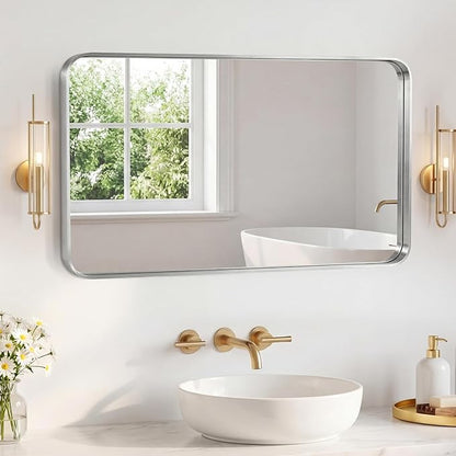 NEWBULIG 30X48 Inch Bathroom Mirror for Over Sink, Wall Vanity Mirrors Tempered Glass, Anti-Rust Metal Framed Rounded Rectangle, Hangs Horizontally or Vertically, Farmhouse Home Decor, Silvery