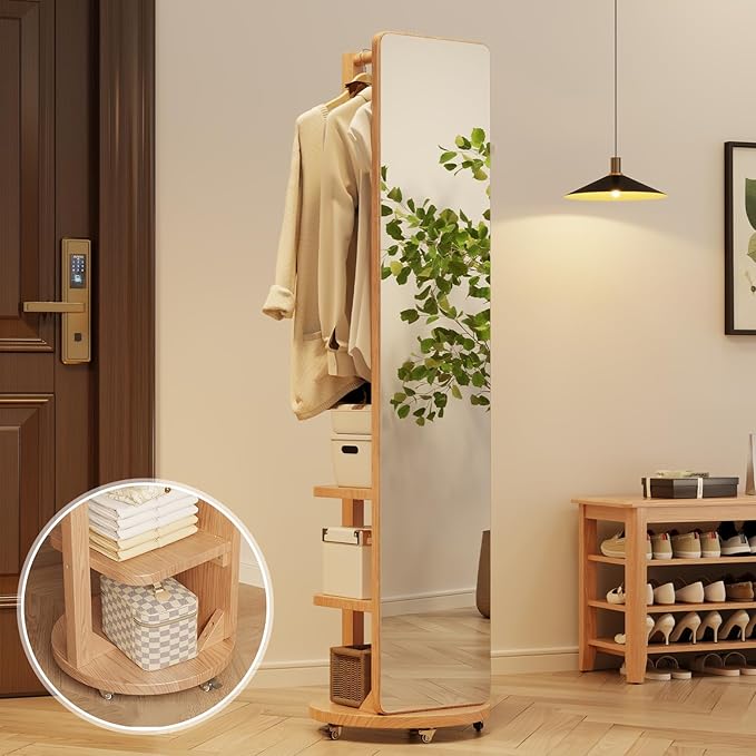 WoodsWhisper Full Length Mirror Coat Rack Solid Wood Floor Mirror 66"x12" Full Length Mirror with Stand Long Mirrors for Bedroom,Living Room (Natural-Mobile, 66" Lx12 W)