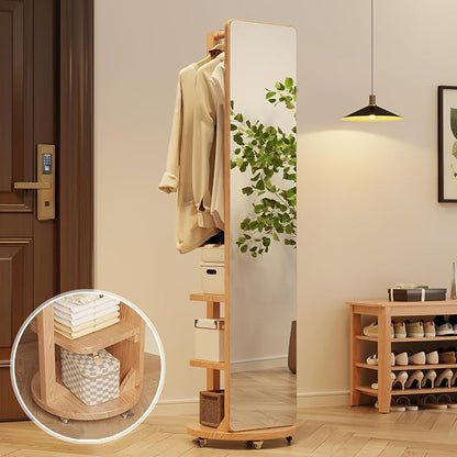 WoodsWhisper Full Length Mirror Coat Rack Solid Wood Floor Mirror 66"x12" Full Length Mirror with Stand Long Mirrors for Bedroom,Living Room (Natural-Mobile, 66" Lx12 W)
