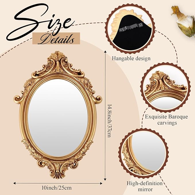 Wonderjune 5 Pcs Vintage Mirrors for Wall Decor Gold Antique Resin Frame Oval Rectangle Mirror for Home Decor Photography Props Gifts (Baroque Style)