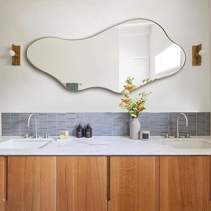Irregular Mirror, 40"x18" Asymmetrical Wall Mirror with Gold Metal Frame, Odd Shaped Mirror, Modern Abstract Mirrors for Living Room Bedroom Hallway Entryway, Horizontal or Vertical Hanging