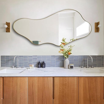 Irregular Mirror, 40"x18" Asymmetrical Wall Mirror with Gold Metal Frame, Odd Shaped Mirror, Modern Abstract Mirrors for Living Room Bedroom Hallway Entryway, Horizontal or Vertical Hanging