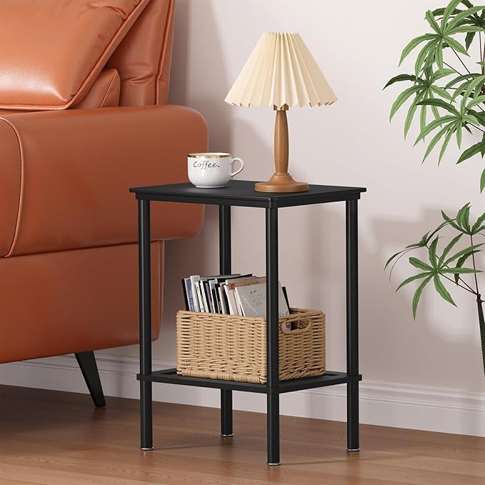2 Tier Small Side Table, Bedside Table, Narrow Entryway Table, Bamboo End Table with Storage Shelf, Bedroom Nightstand, Mini Accent Table, Small Coffee Table, Plant Stand, Black