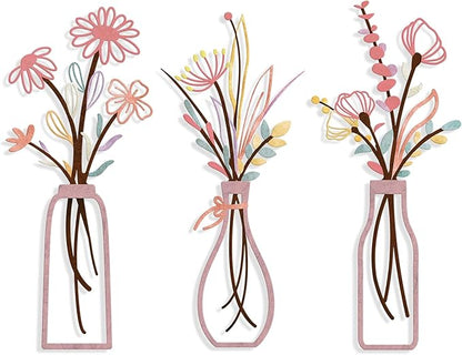 Pigort 3 Pieces Metal Flowers Wall Arts - Rustic Farmhouse Style Décor Metal Wall Art Black Minimalist Flower Natural Themed Wall Decors for Home Bedroom Dining Room Housewarming (Pinkish)