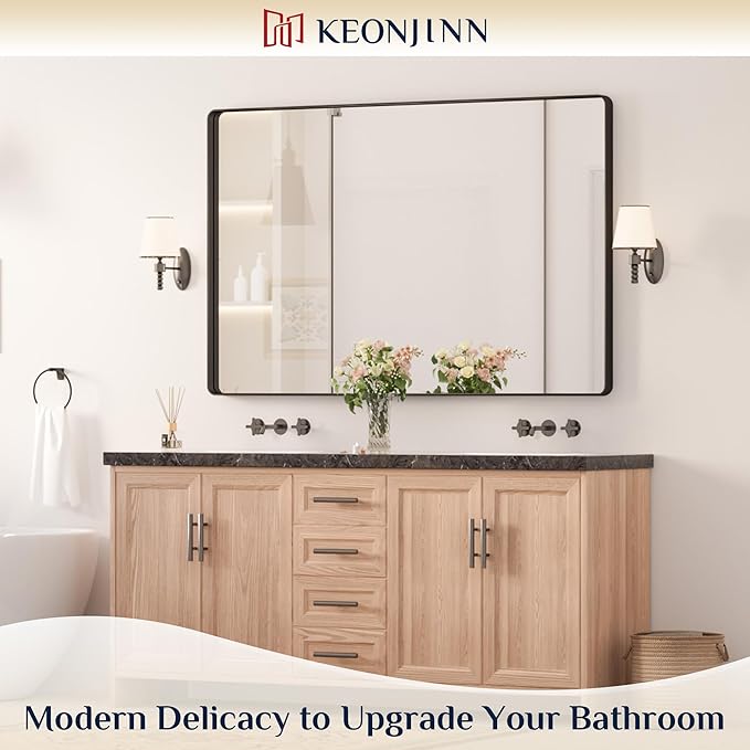 Keonjinn Black Bathroom Mirror 55 x 36 Inch Large Rounded Rectangle Mirror for Bathroom Sink, Matte Black Farmhouse Vanity Mirror, Anti-Rust, HD Tempered Glass, Sandblasted Finish(Horizontal/Vertical)