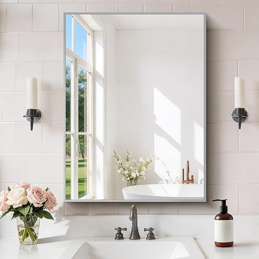 COFENY Silver Bathroom Mirror for Wall, 24x32 Inch Rectangle with Metal Frame, Modern Vanity for Bathroom Living Room, Entryway Hangs Horizontal or Vertical