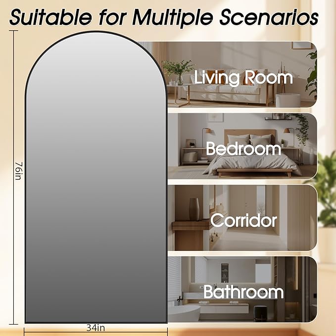 76"x34" Floor Mirror Full Length, Arched Full Length Mirror with Stand, Large Full Body Mirrors for Bedroom Living Room or Cloakroom Black