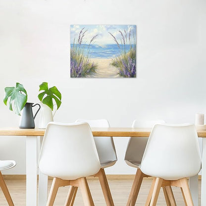 LB Coastal Lavender Beach Wall Art Vintage Lavender Flower Butterfly with Inspirational Canvas Wall Art Rustic Wood Wall Decor for Bedroom Bathroom Living Room Framed Artwork Ready to Hang 16L x 20W