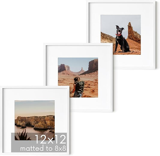 HAUS AND HUES 12x12 White Metal Picture Frames Matted to 8x8- Features Premium Aluminum & Hanging Hardware, Shatterproof Plexiglass - Ideal for Home, Room, Office (12x12 in, White, Set of 3)