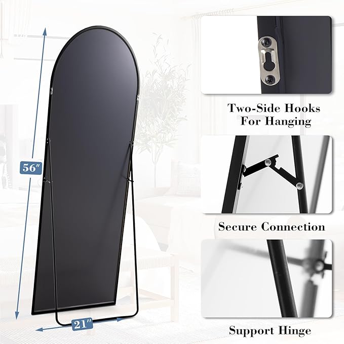 NEWBULIG Arched Mirror Full Length, 56"x15" Body Wall Mirrors with Shatter-Proof Glass, Upgraded Floor Standing Mirror, Hanging or Leaning, with Stand Aluminum Alloy Frame for Home Decor, Black