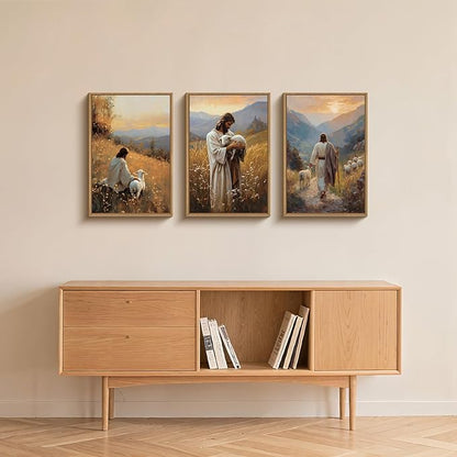 HOURIA Jesus Christ Easter Leaves The 99 Sheep Framed Canvas Wall Art Set,Christian Embraces The Lost Sheep Decor,Religious Bible Verse Resurrection Artwork for Church,Prayer Room,Home- 16"x24"x3