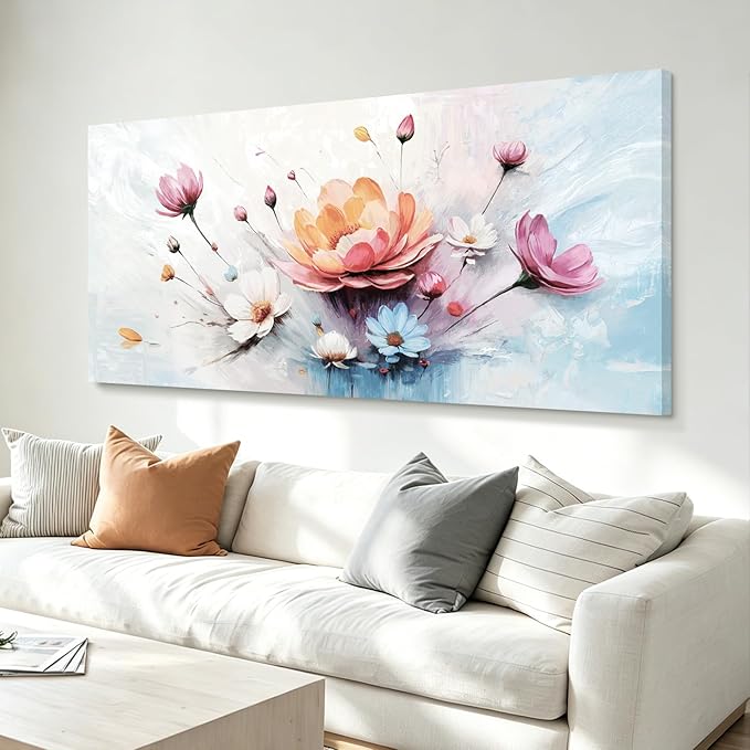 Extra Large Floral Living Room Wall Art (Orange, Pink, & Blue) — Abstract, Colorful Botanical Canvas Print. A Modern, Aesthetically Pleasing Nature-Inspired Wall Decoration, Suitable For Bedrooms, Entryways, Dining Rooms, Balconies, And More. Dimension...
