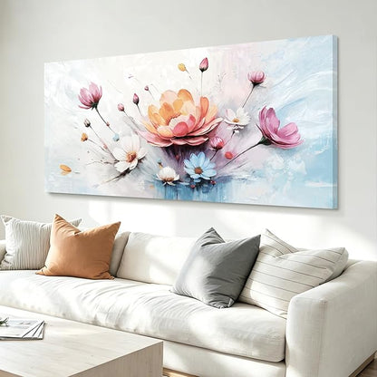 Extra Large Floral Living Room Wall Art (Orange, Pink, & Blue) — Abstract, Colorful Botanical Canvas Print. A Modern, Aesthetically Pleasing Nature-Inspired Wall Decoration, Suitable For Bedrooms, Entryways, Dining Rooms, Balconies, And More. Dimension...