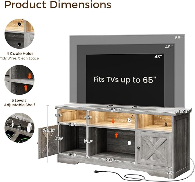 Casaottima TV Stand for 65 Inch TV, Farmhouse Entertainment Center with Power Outlet & LED Light and Storage Cabinets, Console Table and Media Furniture for Living Room Bedroom, Gray Oak
