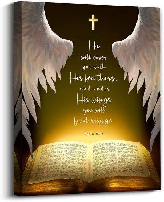 Psalms 91:4 Wall Art Canvas Prints， He Will Cover You With His Feathers，Bible Verse with Christian Sayings Decor, suitable for offices,Church, Home Wall Decor ，Tabletop/Hanging(29x38cm) framed