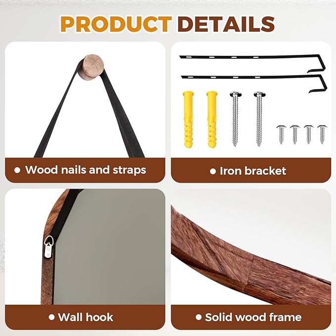 16"x48" Arched Full Length Mirror Solid Wood Wall Mirror with Hanging Strap for Living Room Bathroom Bedroom Entryway - Brown