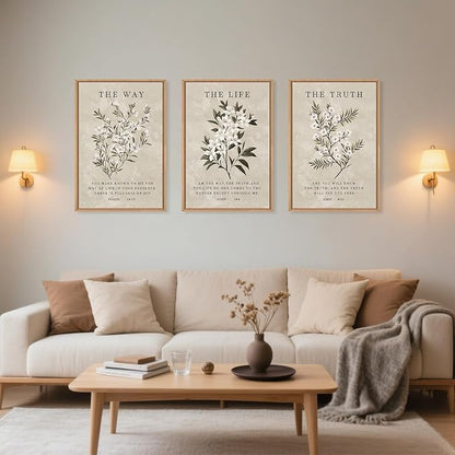 DRACIT Vintage The Way The Truth The Life Framed Canvas Wall Art Set,Boho Floral Christian Scripture Wall Decor,Religious Botanical Psalm Verse Artwork for Living Room,Bedroom,Prayer Room-24"x36"x3
