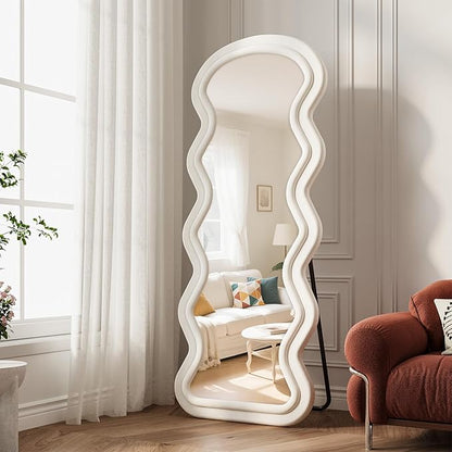 Full Length Mirror, 63"x24" Wavy Full Body Freely Standing Mirrors, Flannel Floor Mirror with Stand for Bedroom, Living Room, Hanging Leaning Wall Mirror Modern Home Decor