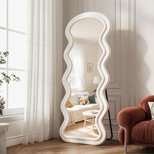 Full Length Mirror, 63"x24" Wavy Full Body Freely Standing Mirrors, Flannel Floor Mirror with Stand for Bedroom, Living Room, Hanging Leaning Wall Mirror Modern Home Decor
