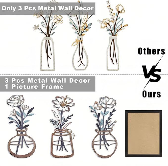 Lcaughsy Metal-Wall-Decor Living Room - 3 Pcs Metal Bathroom Wall Art Floral Vase and Picture Frame for Decoration- Hanging Display Wall Decor Art for Home Dining Room Bedroom Kitchen Farmhouse,Brown