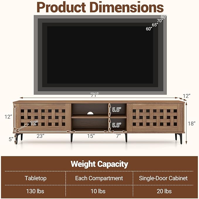 Giantex Mid Century Modern TV Stand for 60-80 Inch TV, Large Entertainment Center w/Storage Cabinet, Basket Weave Wooden Door & Open Compartment, Wood Media Console Table for Living Room Bedroom