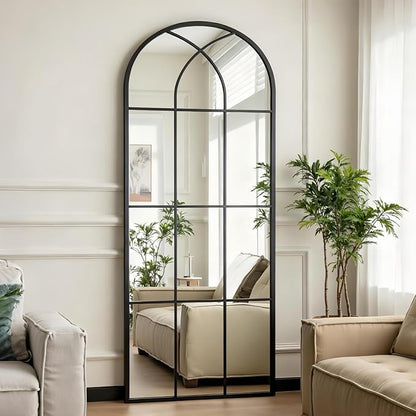 Dewfig 71"x32" Arched Window pane Full Length Mirror, Wall Mirror, Floor Standing Mirrors, Farmhouse Long Full Body Mirrors Wall Mounted for Living Room, Bedroom, Entryway, Fireplace, Black