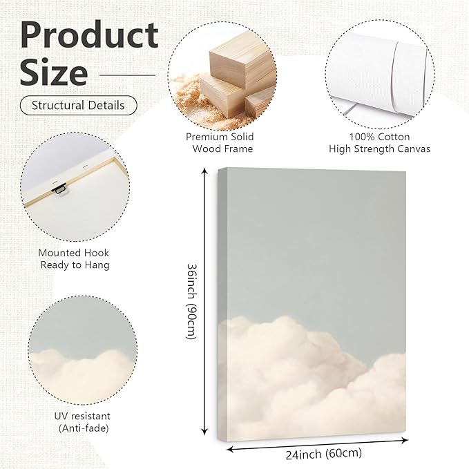 Pennclys Clouds Wall Art Decor Over The Bed Sky Canvas Wall Art Abstract Minimalist Clouds Prints Painting Blue Sky Wall Decor Pictures for Living Room Bedroom 24x36 Inch Ready to Hang Set of 3