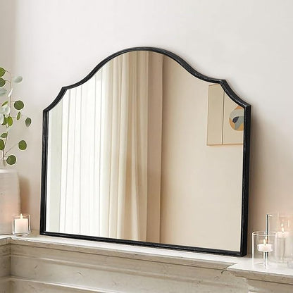 Besdomus Scalloped Arched Mirror for Vanity: 32"x24" Black Modern Minimalist Wooden Wall Mirror - Decorative Dresser Wall for Mantel/Bedroom/Entryway/Hallway - Ideal for 30-60 Age Fashion Women
