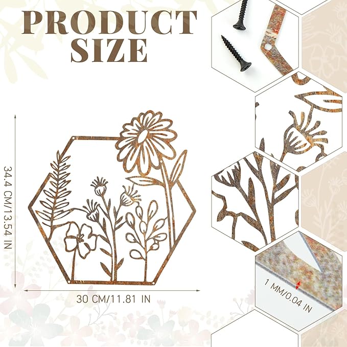 Peryiter 3 Pcs Metal Flower Wall Decor Minimalist Floral Wall Hanging Decor Metal Flower Rustic Floral Art for Spring Living Room Bathroom Kitchen Indoor Outdoor(Patina)