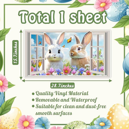 Easter Decoration Stickers for Wall Cute Bunny Vinyl Decals Peel and Stick 3D Fake Window Spring Wall Sticker Natural Landscape Walls Decal Flowers Rabbit Art Murals for Living Room Nusery Decor