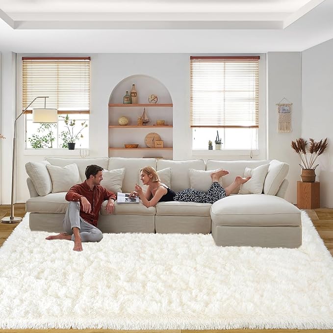 Area Rugs 9x12 Living Room, Ultra Soft Shaggy Fluffy Rug for Bedroom, Upgrade Non-Slip Fuzzy High Pile Plush Large Rugs for Nursery Boys Girls Kids Room Modern Indoor Home Decor, Cream White