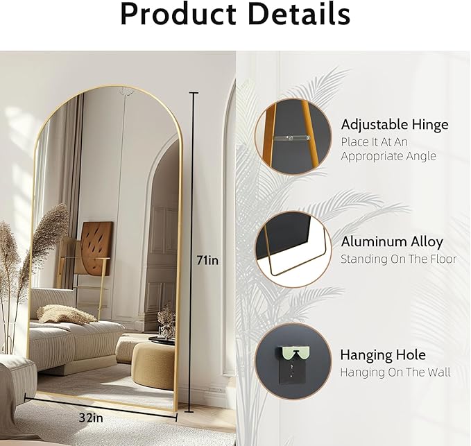 Beauty4U 71" x 32" Arched Full Length Mirror, HD Tempered Glass Floor Mirror with Gold Aluminum Frame, Standing/Leaning/Wall Mounted Mirror for Bedroom, Dressing Room & Living Room