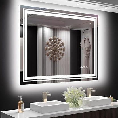 Snowdool LED Mirror for Bathroom, 48"X36" with 8 RGB Backlit +3 Front Lit (Adjustable Individually), Anti-Fog, Large Lighted Bathroom Vanity Mirror for Wall,Shatterproof,Memory Function,Tempered Glass