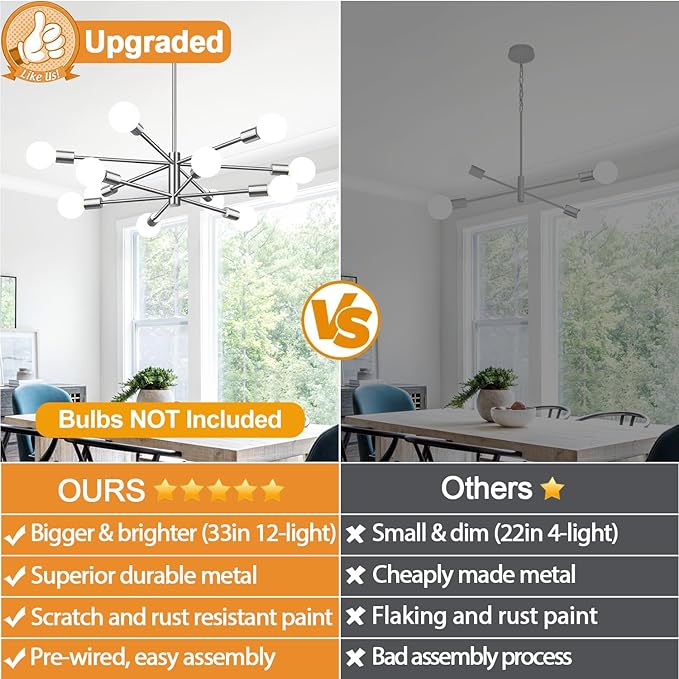 10.9"-52.3" Height Adjustable Modern Chandelier Ceiling Light Fixture, 12-Light Sputnik Chandeliers Brushed Nickel Mid Century Chandelier Over Table, Chandeliers for Dining Room (Bulbs Not Included)