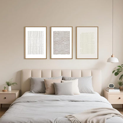 Large Abstract White and Beige Framed Canvas Wall Art,Geometric Dot and Line Wall Decor,Modern Wave Lines Artwork,Neutral Minimalist Shapes Art Print for Living Room,Bedroom,Office- 16"x24"x3